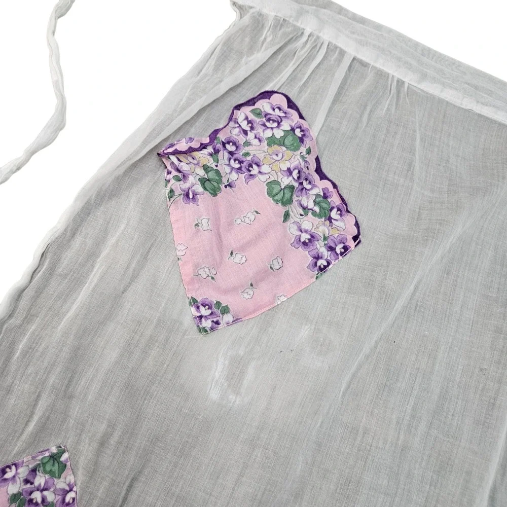 Vintage 60s 70s White Sheer Half‎ Apron Floral Patchwork Purple Flower Cottage